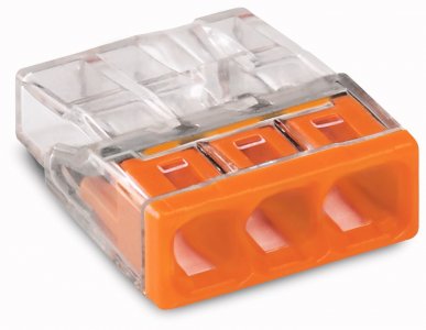 Wago Compact vezeték összekötő 3x0,5-2,5 tömör vezetékhez átlátszó házban narancssárga fedéllel
